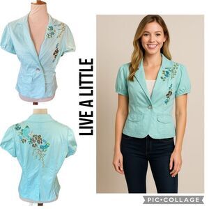 Live A Little Aqua Blue Embroidered Rhinestone Lightweight Jacket Size Medium